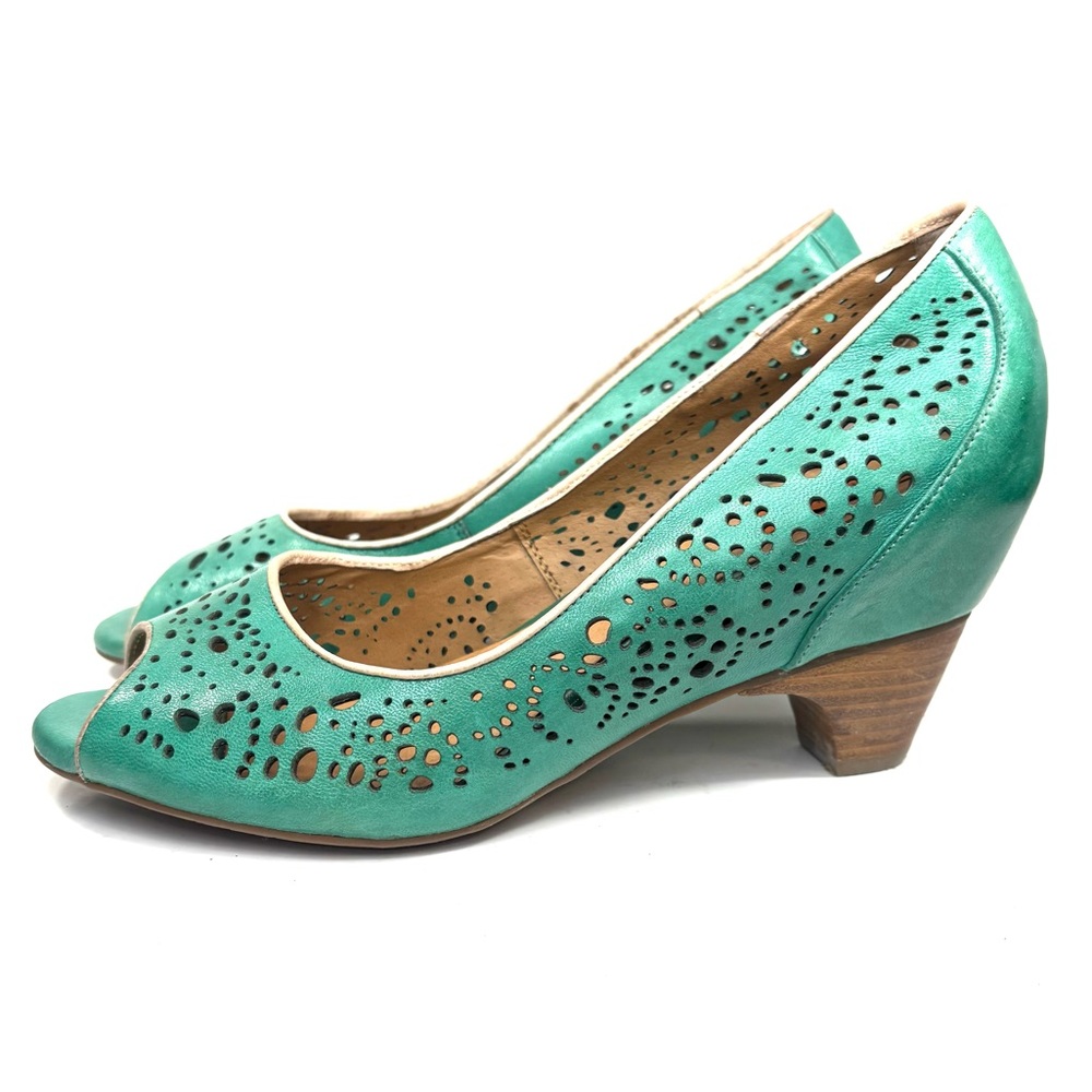 Miz Mooz Teal Laser-Cut Peep-Toe Heels - Picture 2 of 8
